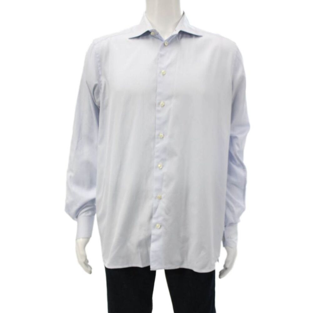Eton Mens Dress Shirt Lt Blue Check Cotton Point Collar Long Sleeve Size 16.5